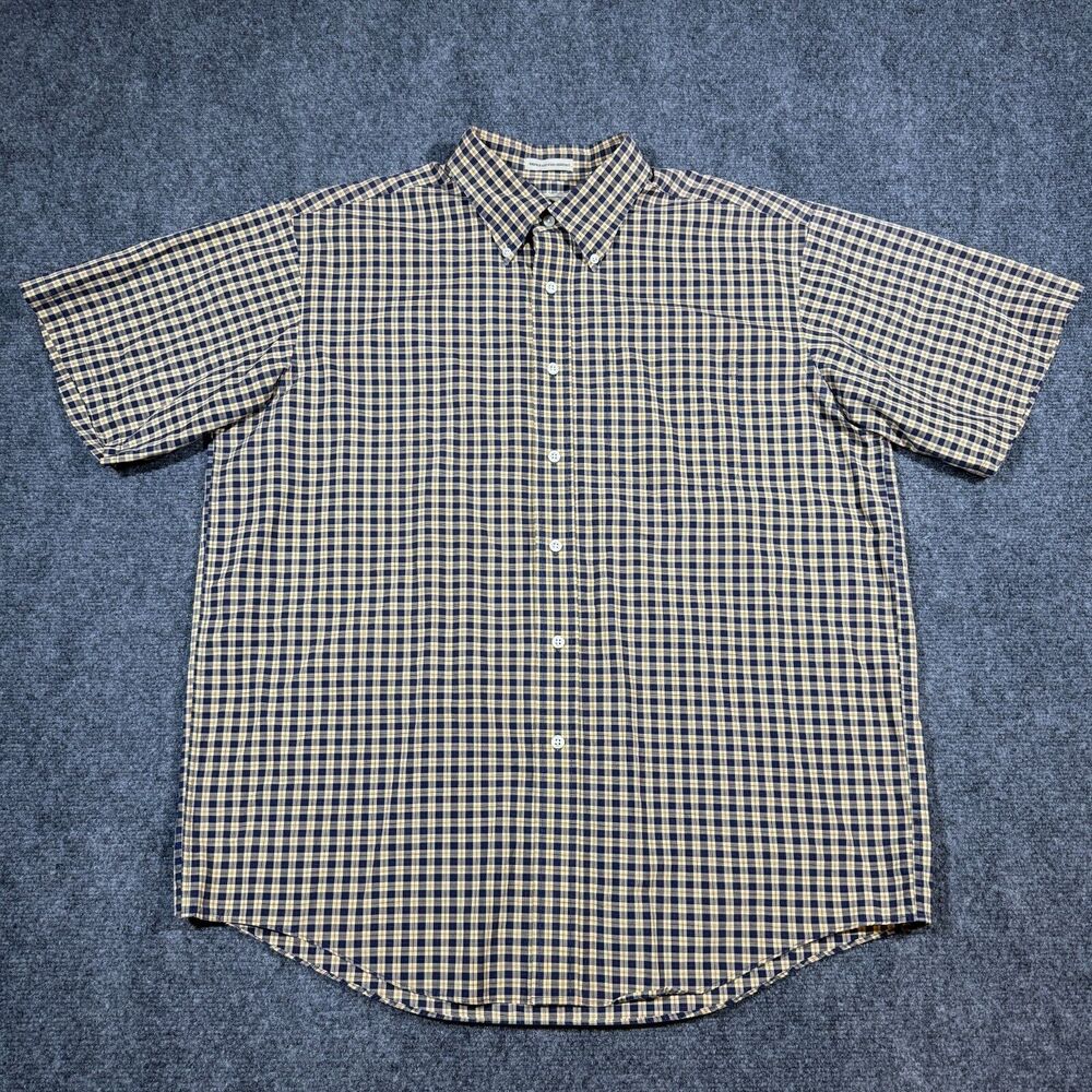 LL Bean Mens Plaid Large Shirt Wrinkle and Stain Resistant Short Sleeve Blue